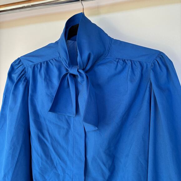 Vintage Royal Blue Office Blouse Prairie Modest Classic Career Western Summer - Picture 2 of 8
